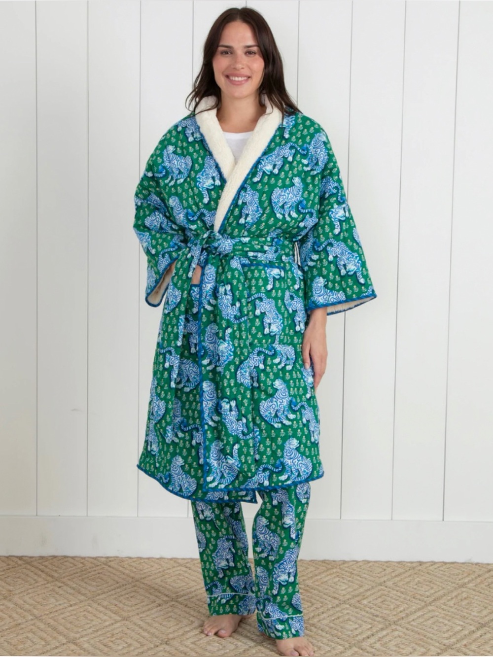 Printfresh Quilted Sherpa Lined Robe Tiger Queen Jade Print